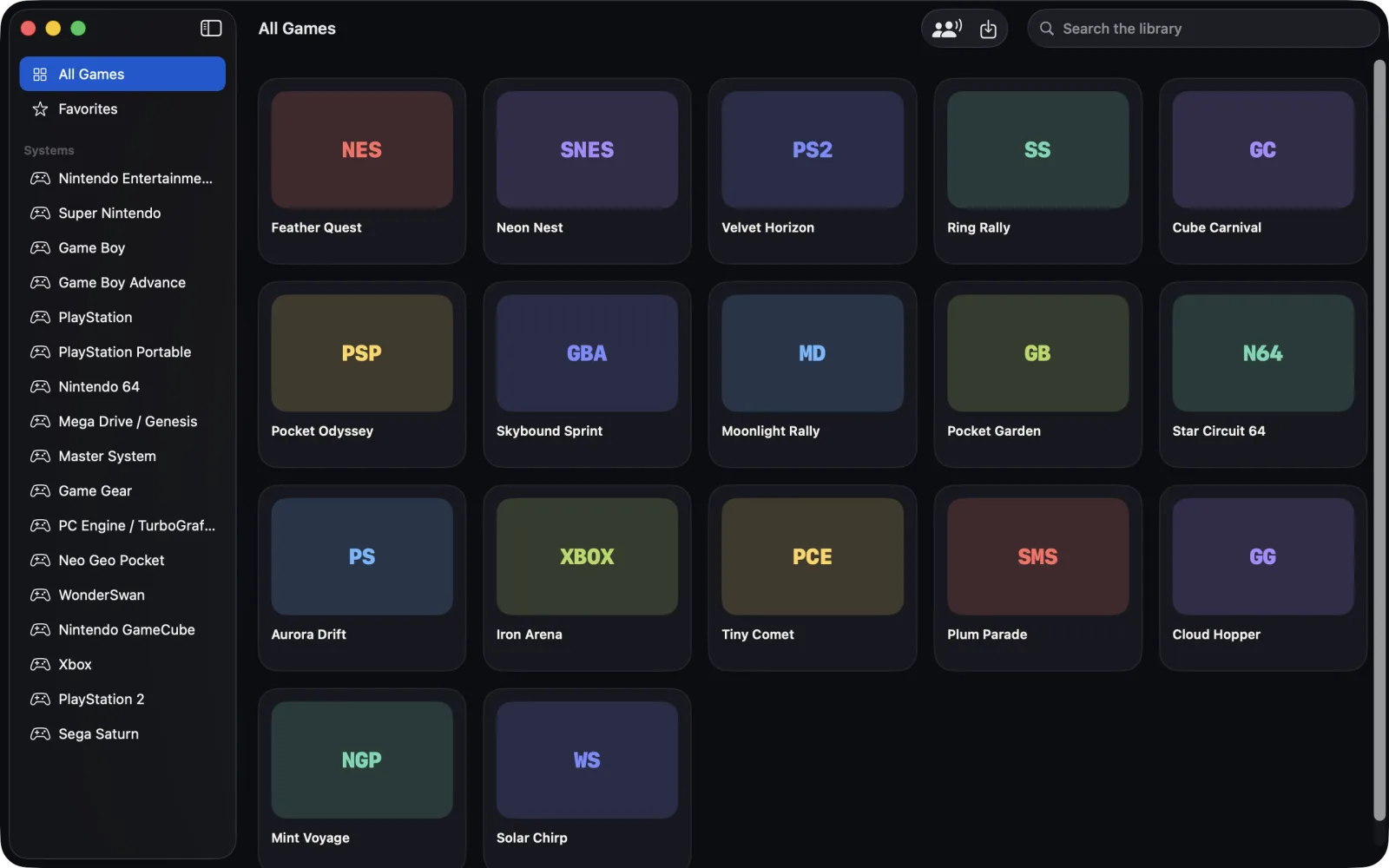 emu for Macのライブラリ画面。サイドバーに17機種が並び、ゲームがタイルで表示されている